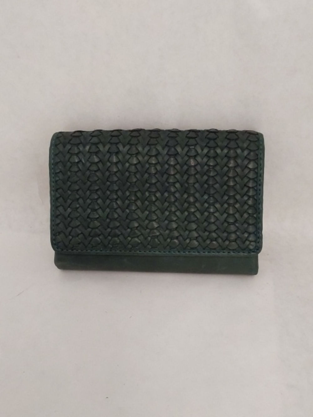 Woven Leather Compact Wallet - Dark Green